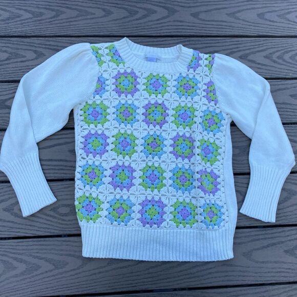 Design History small cream purple green granny core sweater crochet geometric - Picture 1 of 4